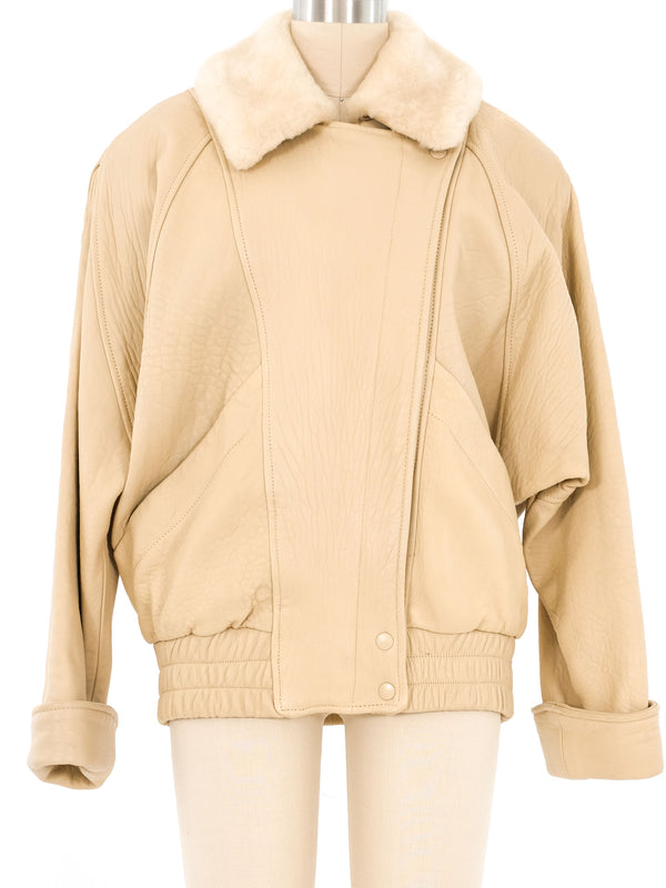 Ivory Shearling Trimmed Leather Bomber Outerwear arcadeshops.com