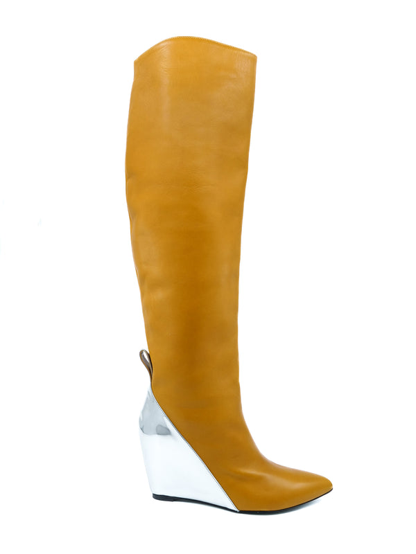 Paco Rabanne Silver Wedge Caramel Leather Boots, 40 Accessory arcadeshops.com