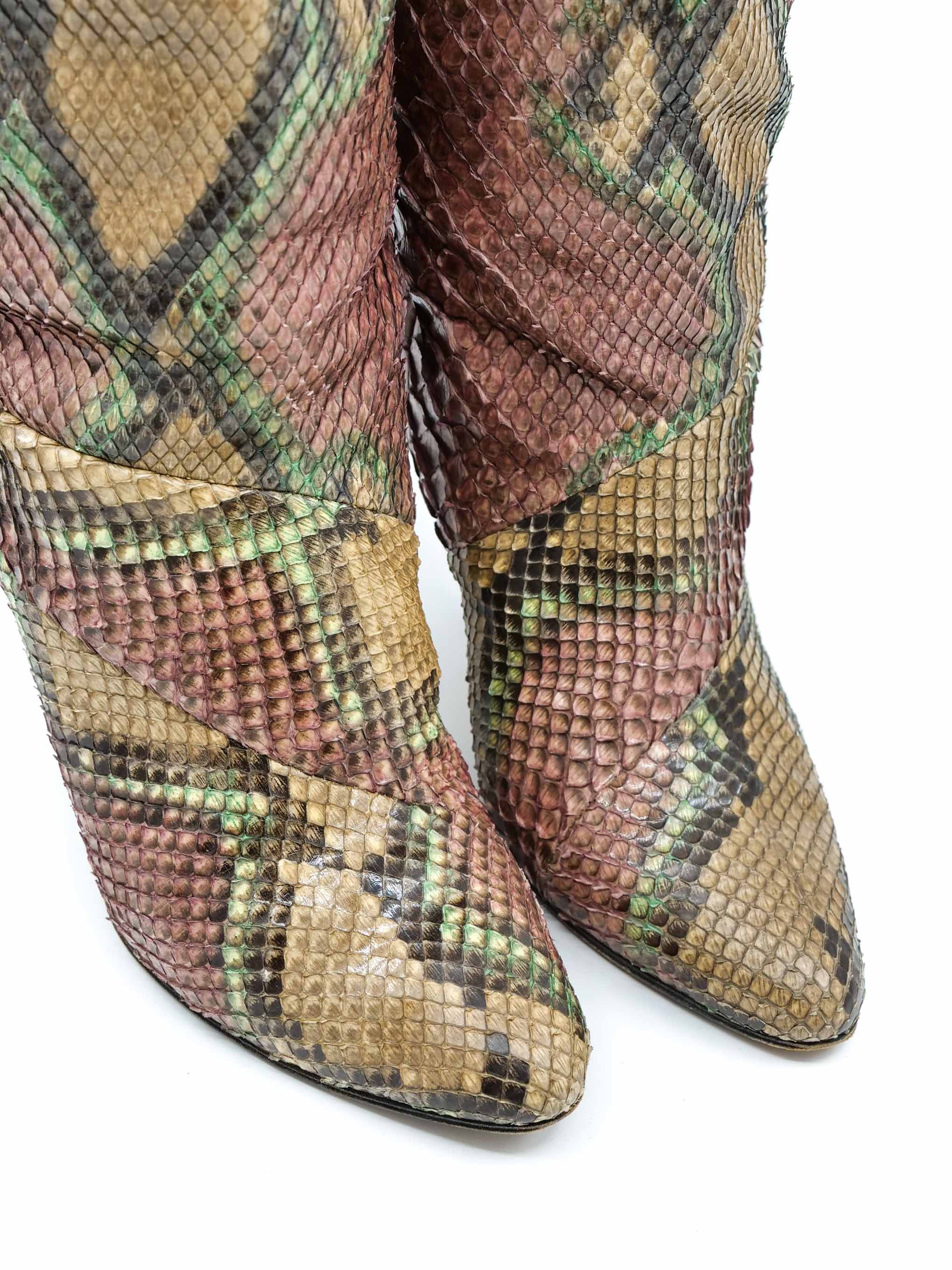 Multicolor Snakeskin Heeled Boots, 7.5