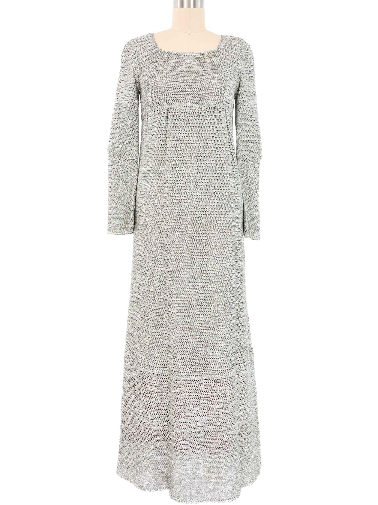 1960s Silver Crochet Bell Sleeve Maxi Dress 1960s Silver Crochet Bell Sleeve Maxi Dress