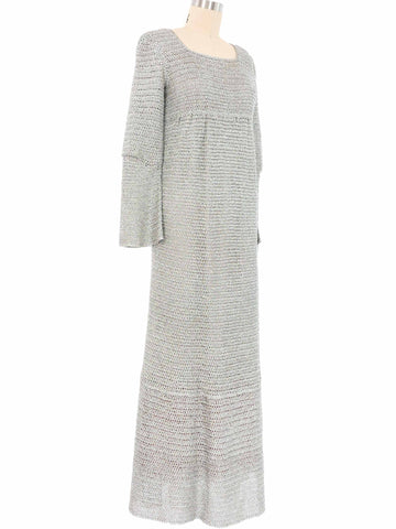 1960s Silver Crochet Bell Sleeve Maxi Dress 1960s Silver Crochet Bell Sleeve Maxi Dress