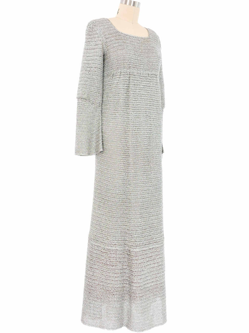 1960s Silver Crochet Bell Sleeve Maxi Dress Dress arcadeshops.com