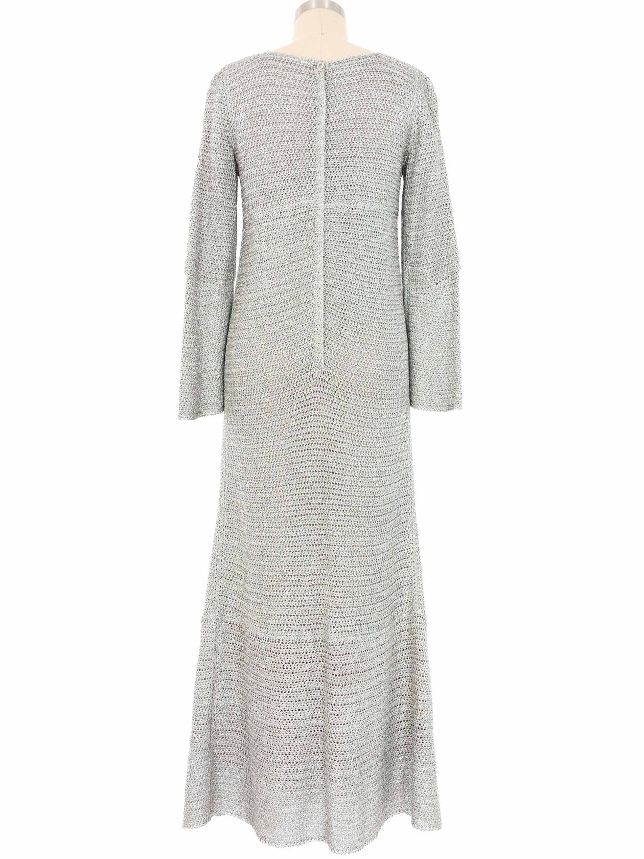 1960s Silver Crochet Bell Sleeve Maxi Dress 1960s Silver Crochet Bell Sleeve Maxi Dress