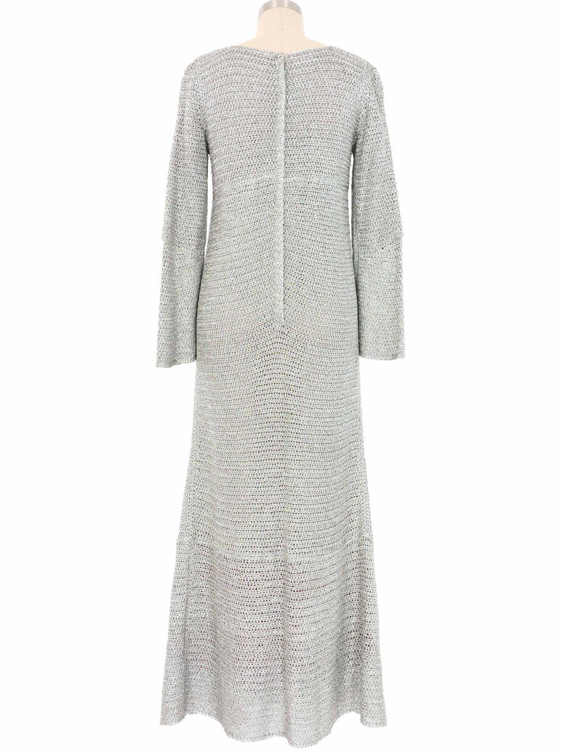 1960s Silver Crochet Bell Sleeve Maxi Dress Dress arcadeshops.com