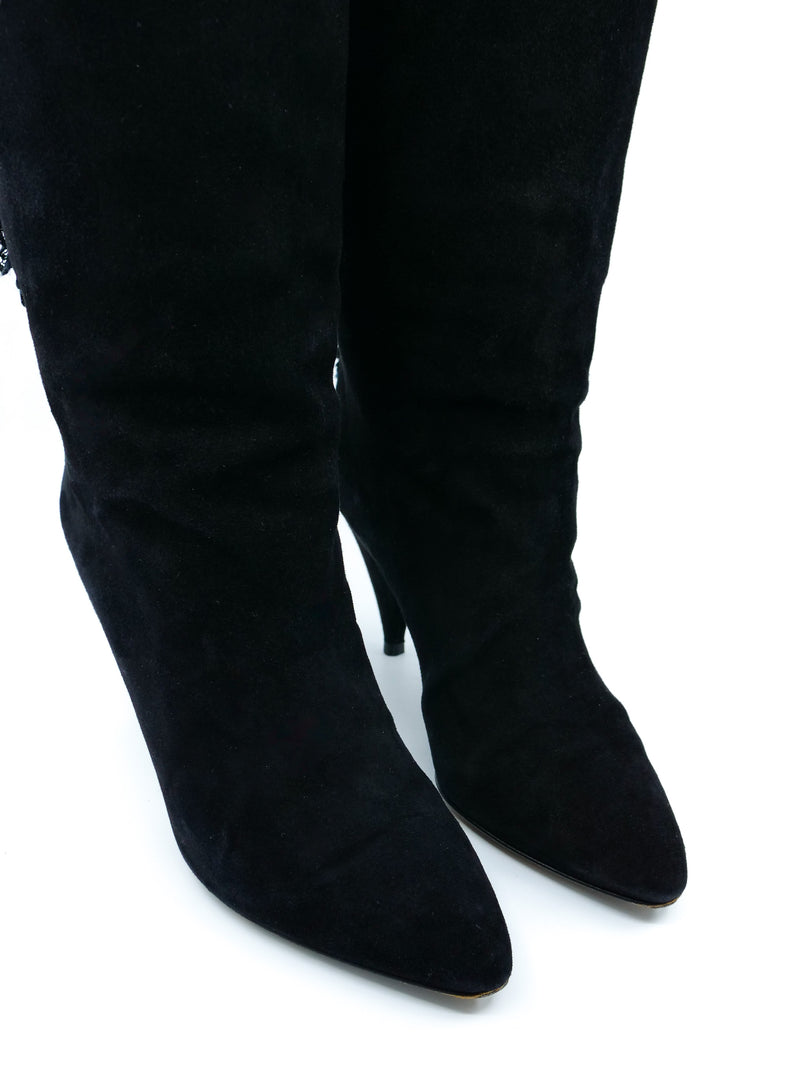 Leather Applique Suede Heeled Boots, 7 Accessory arcadeshops.com