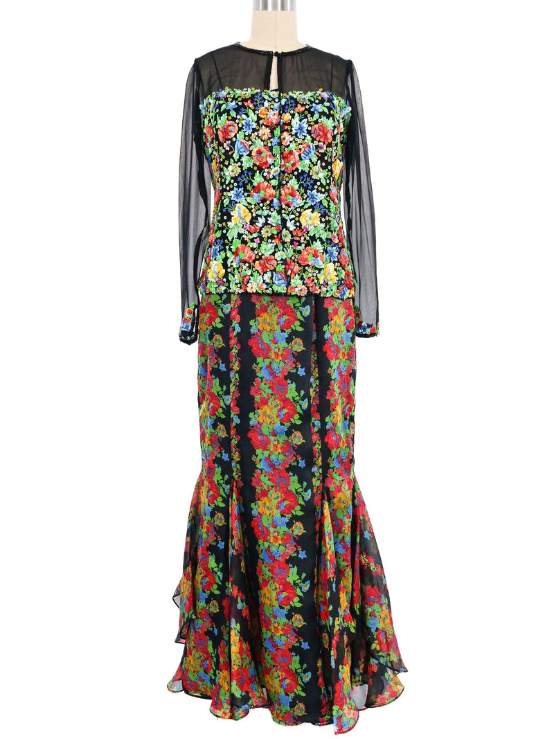 Carolina Herrera Floral Gown and Beaded Jacket Ensemble Dress arcadeshops.com