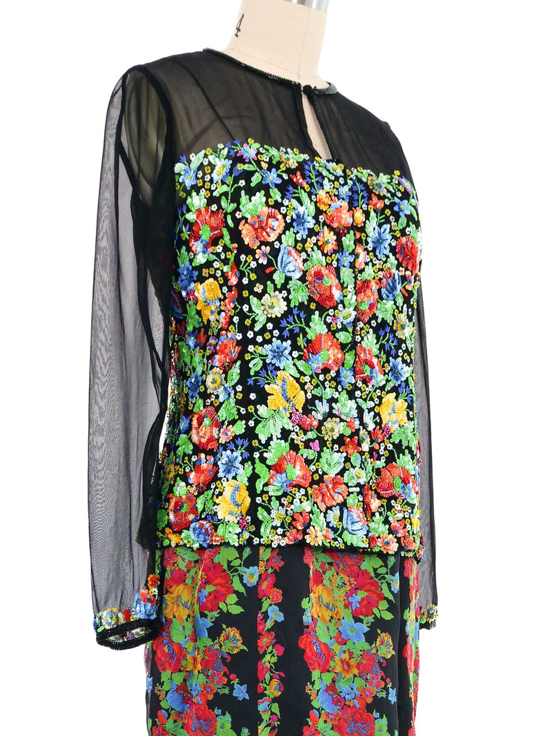 Carolina Herrera Floral Gown and Beaded Jacket Ensemble Dress arcadeshops.com