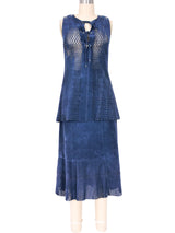 1970s Blue Laser Cut Suede Skirt Ensemble Suit arcadeshops.com