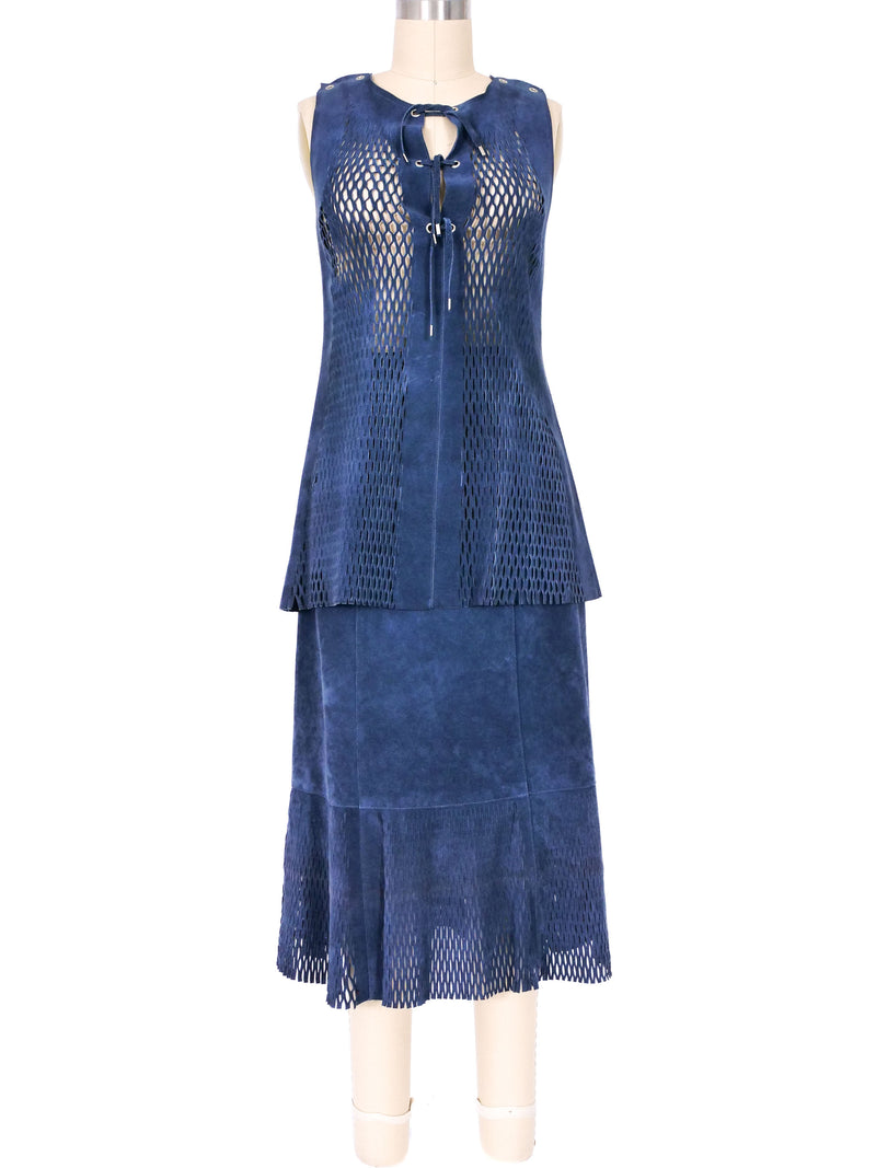 1970s Blue Laser Cut Suede Skirt Ensemble Suit arcadeshops.com
