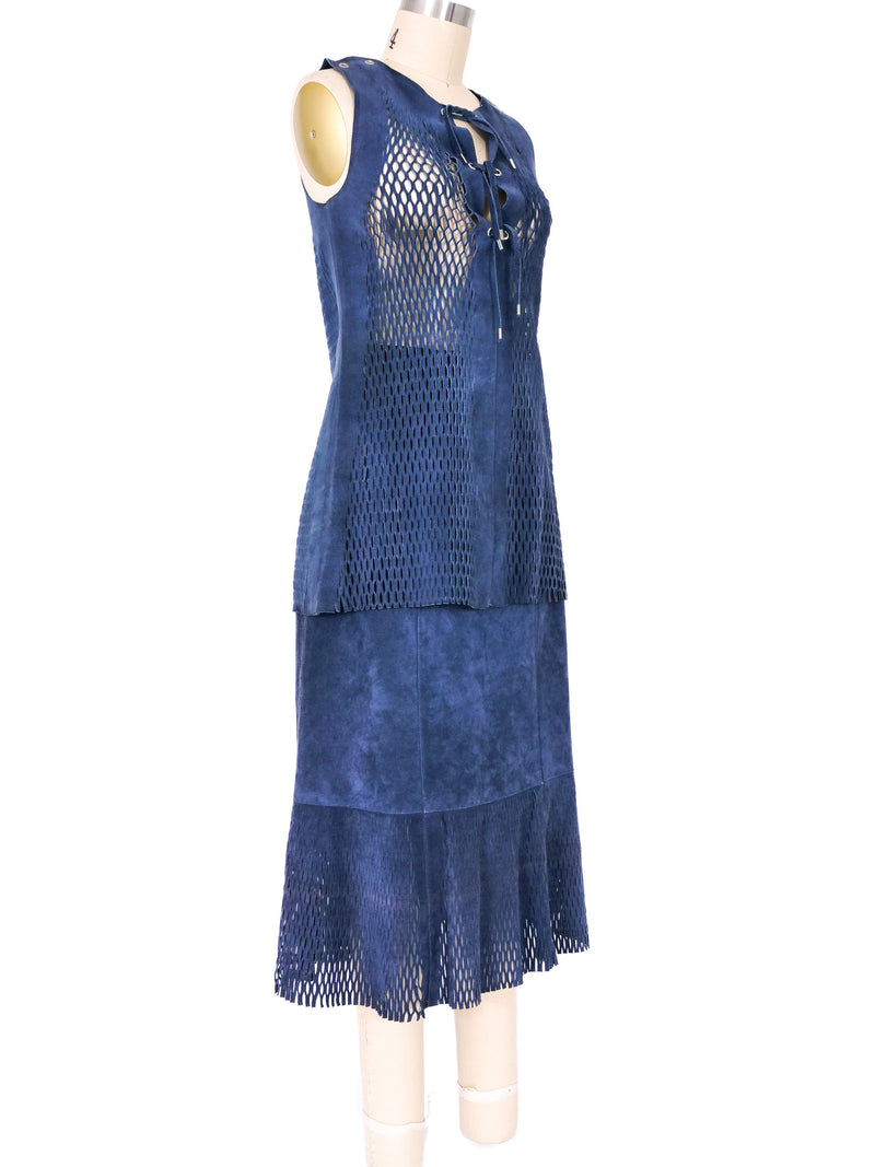 1970s Blue Laser Cut Suede Skirt Ensemble Suit arcadeshops.com