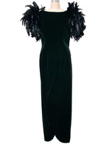 1970s Green Velvet Feather Shoulder Dress Dress arcadeshops.com