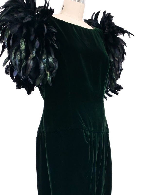 1970s Green Velvet Feather Shoulder Dress Dress arcadeshops.com