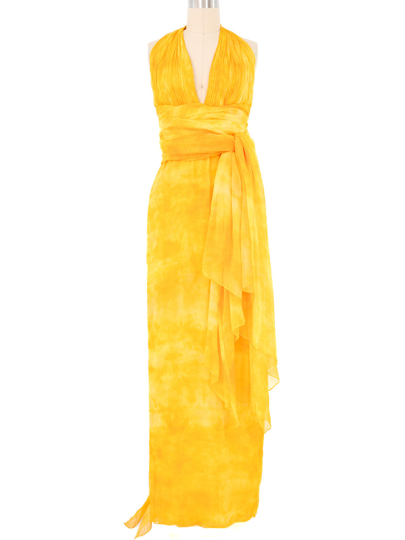 Yellow Chiffon Halter Gown Dress arcadeshops.com