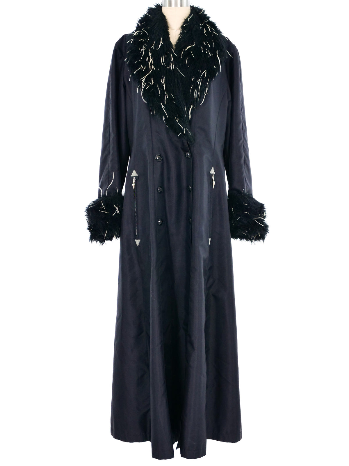 1990s Thierry Mugler Faux Fur Trimmed Nylon Trench Coat