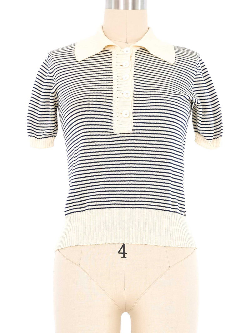 Yves Saint Laurent Navy Striped Knit Polo Top arcadeshops.com