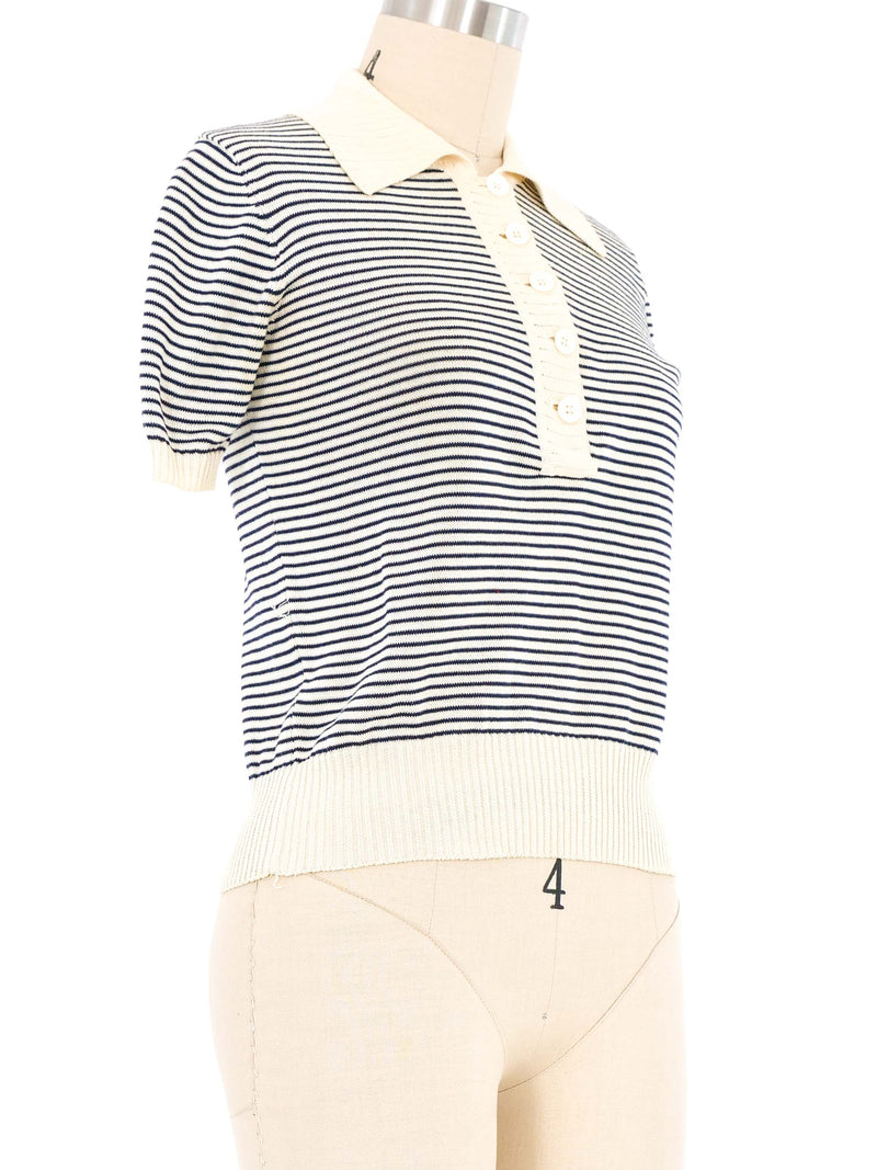 Yves Saint Laurent Navy Striped Knit Polo Top arcadeshops.com