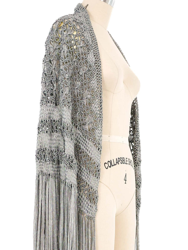 1970s Gray Metallic Macrame Fringed Shawl Jacket arcadeshops.com