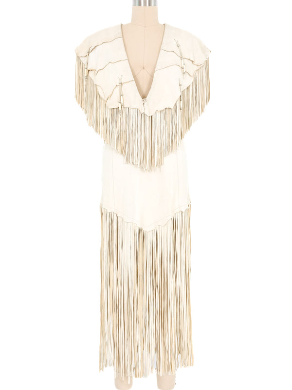 Cream Fringed Leather Shawl And Skirt Ensemble Suit arcadeshops.com