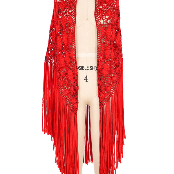 SALSATION　Shawl with opening　ライトレッド 1970s Red Macrame Fringed Shawl