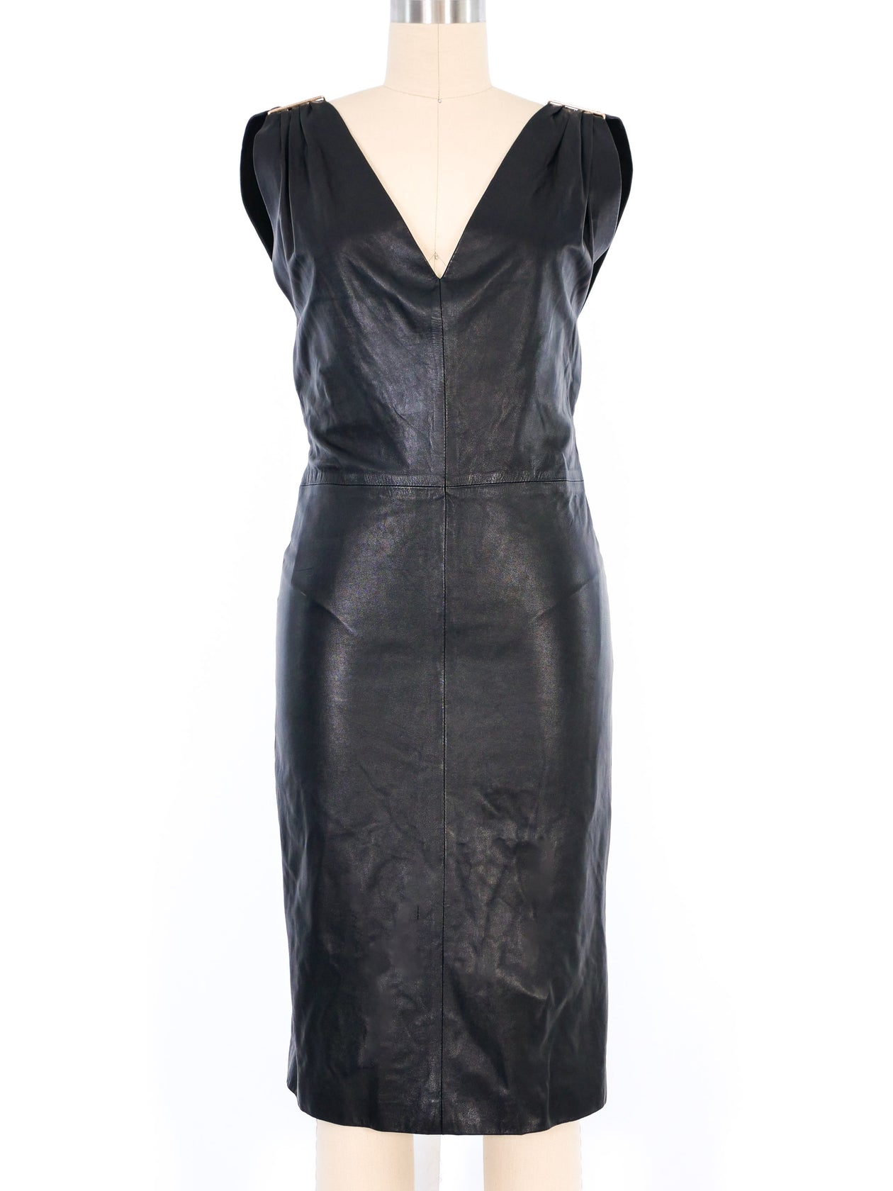 knee length dresses for ladies Gianni Versace V Neck Leather Dress