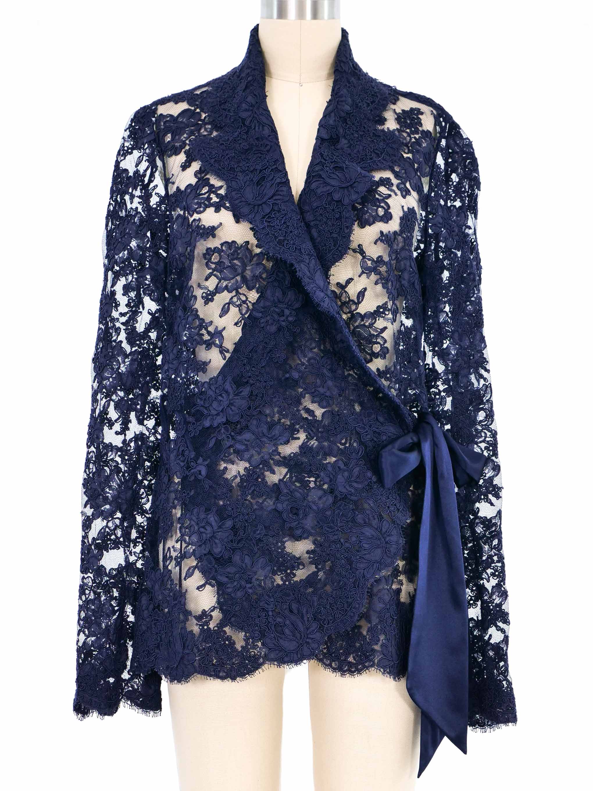 Haut Blouse Monique Lhuillier Noir Dentelle Et Soie - Top Enveloppant Avec Ceinture, Taille S