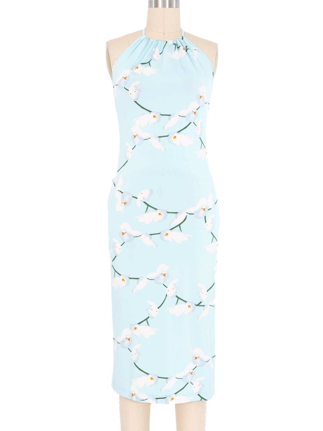 2000s Versace Baby Blue Orchid Print Jersey Dress