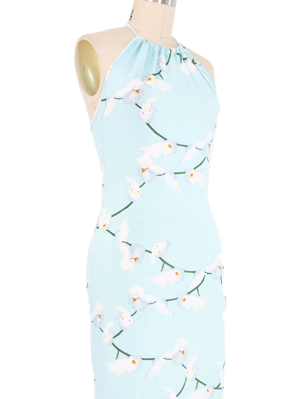 2000s Versace Baby Blue Orchid Print Jersey Dress Dress arcadeshops.com