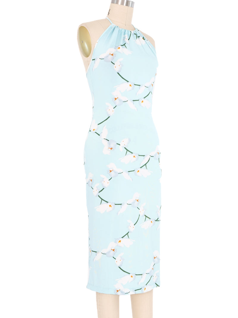 2000s Versace Baby Blue Orchid Print Jersey Dress Dress arcadeshops.com