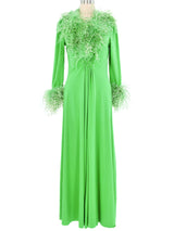 1960s Kelly Green Ostrich Feather Trimmed Jersey Maxi Dress Dress arcadeshops.com