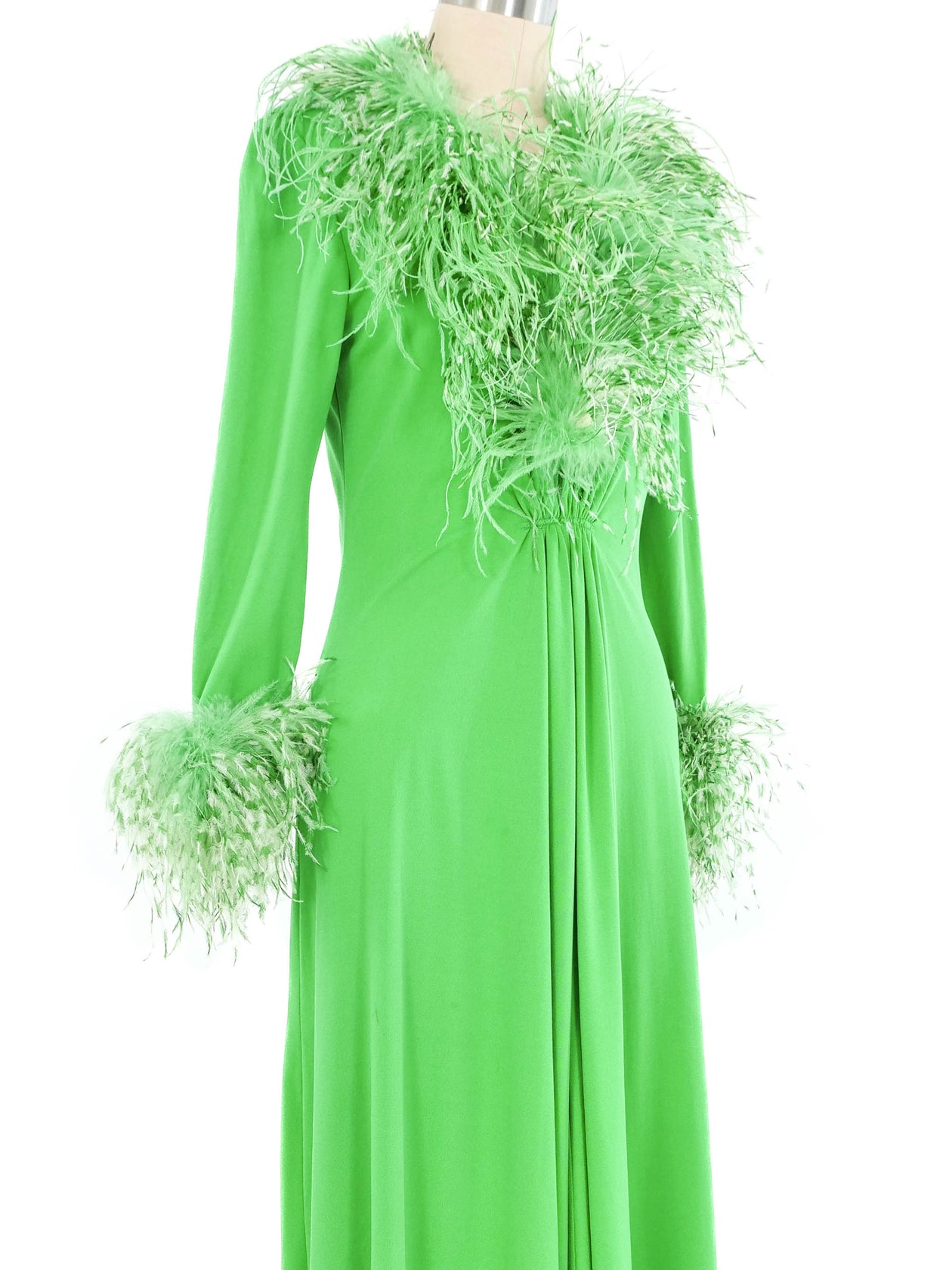 1960s Kelly Green Ostrich Feather Trimmed Jersey Maxi Dress