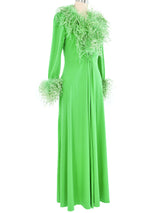 1960s Kelly Green Ostrich Feather Trimmed Jersey Maxi Dress Dress arcadeshops.com