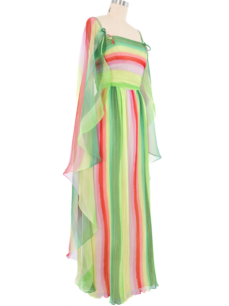 1970s Watermelon Chiffon Plisse Pleat Maxi Dress Dress arcadeshops.com