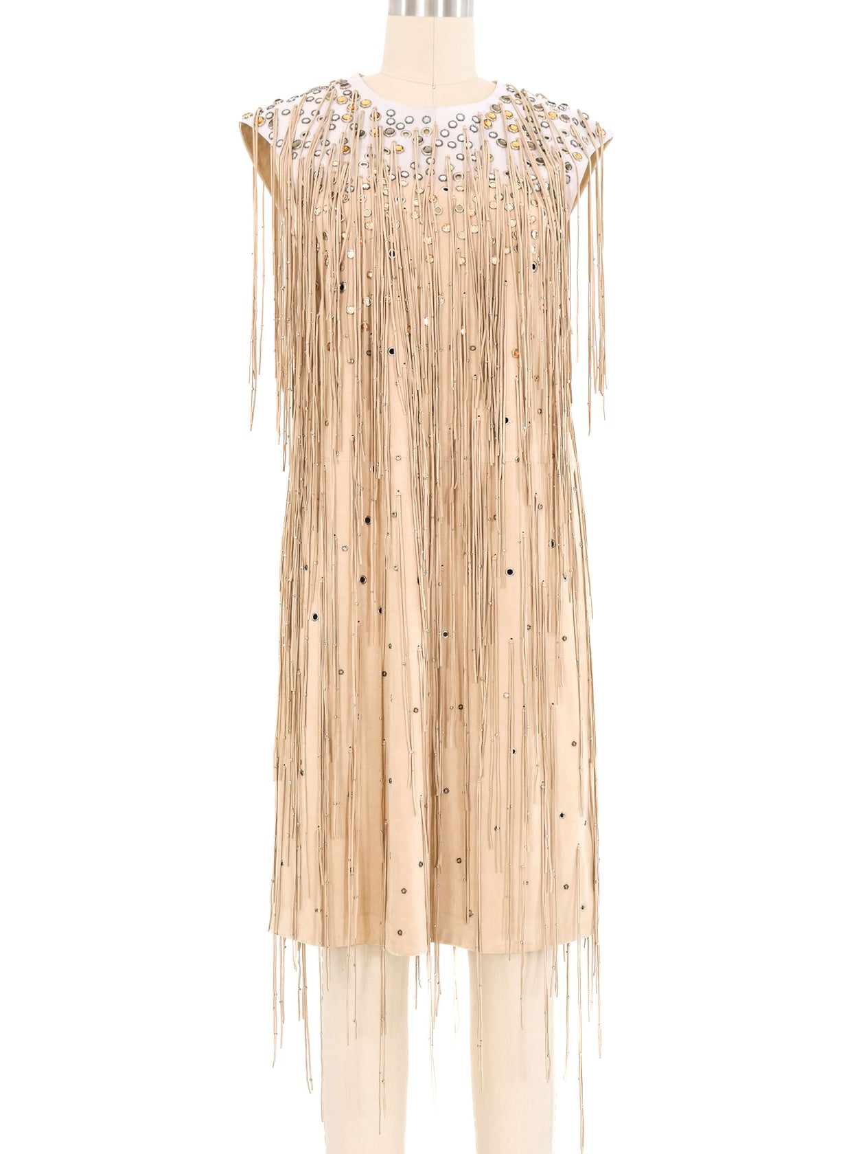 2018 Bottega Veneta Fringed Leather Sleeveless Dress
