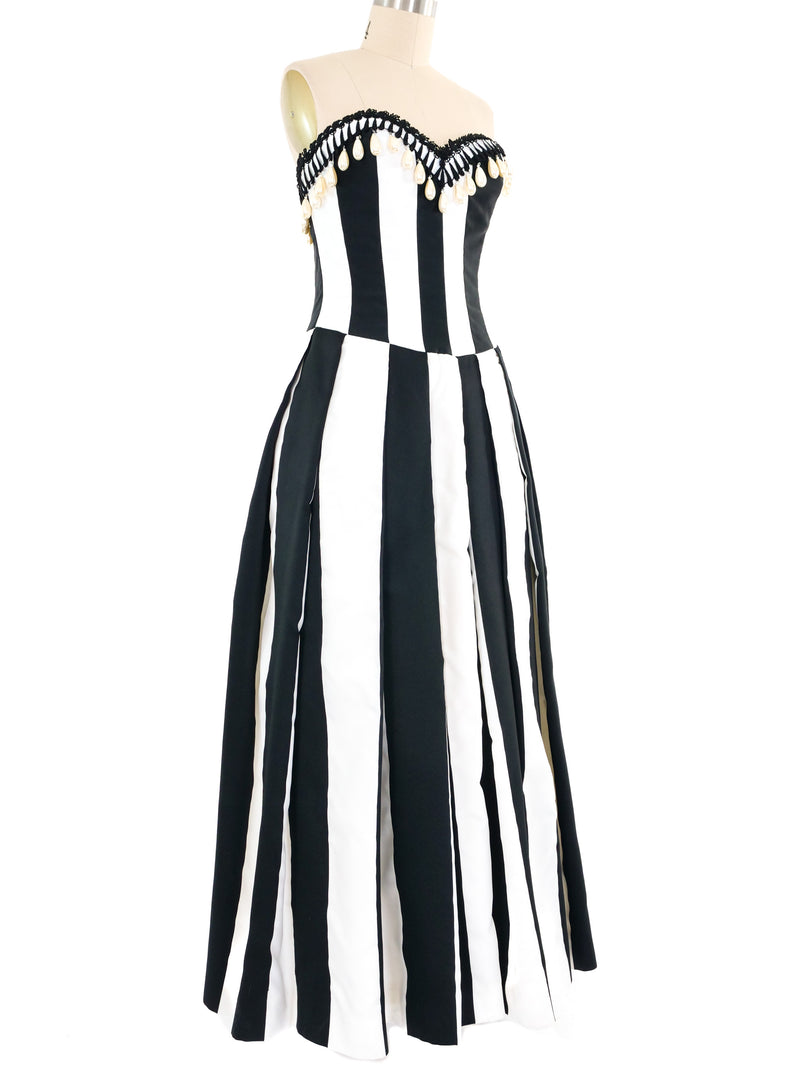 Victor Costa Pearl Trimmed Black And White Striped Gown Ensemble Dress arcadeshops.com