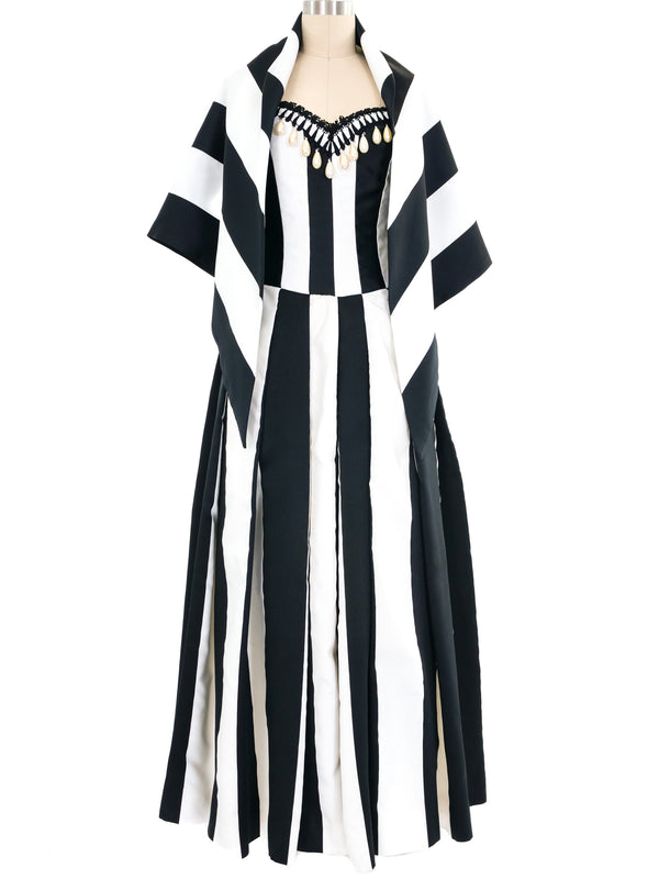 Victor Costa Pearl Trimmed Black And White Striped Gown Ensemble Dress arcadeshops.com