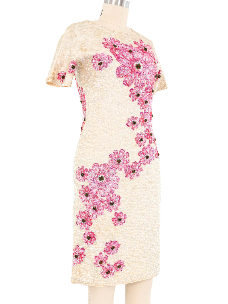 Cream Sequin Embellished Floral Knit Dress