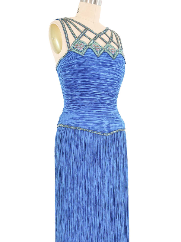 Mary McFadden Blue Beaded Plisse Gown Dress arcadeshops.com