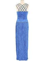 Mary McFadden Blue Beaded Plisse Gown Dress arcadeshops.com