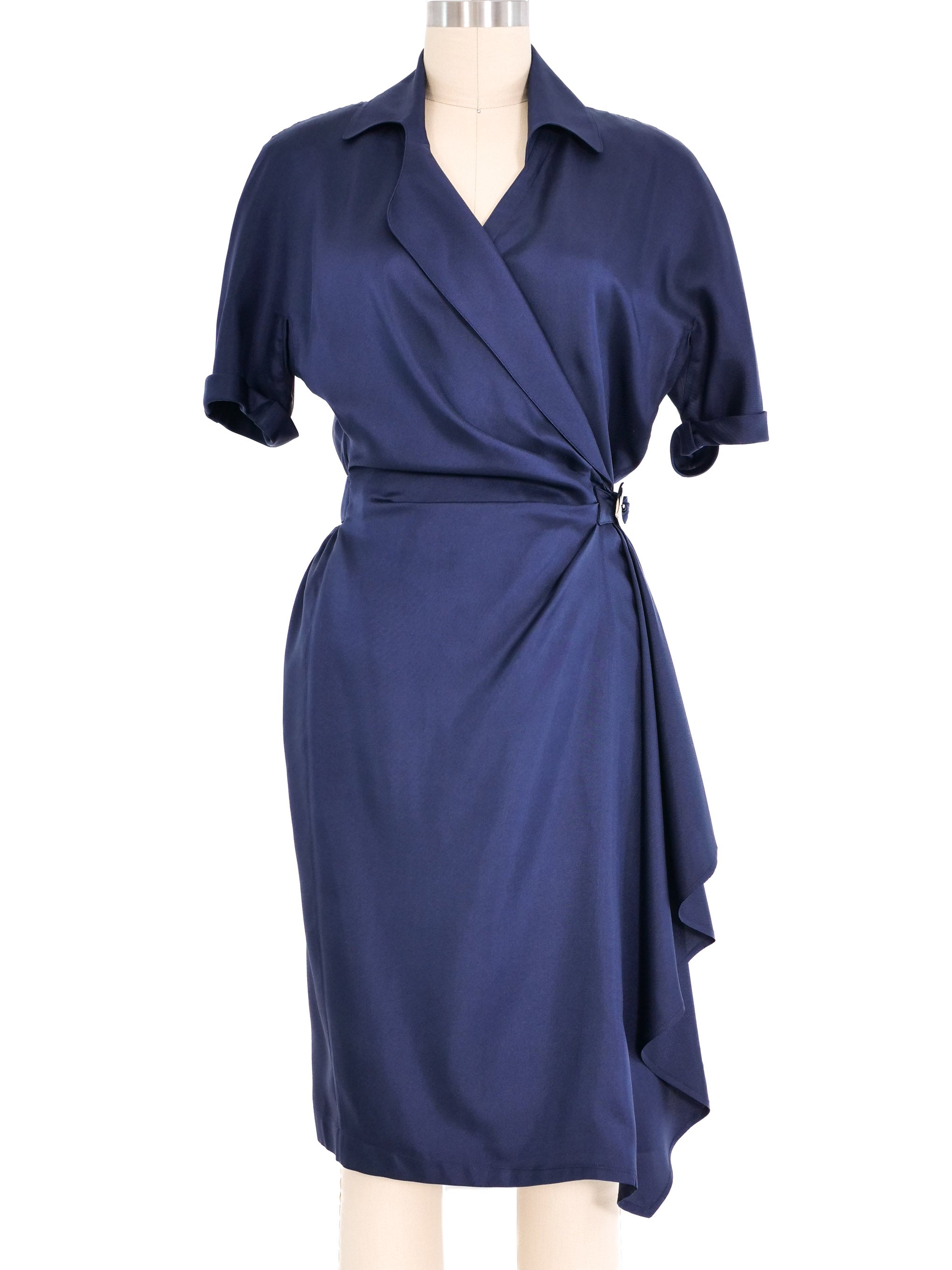 Navy blue satin wrap dress best sale