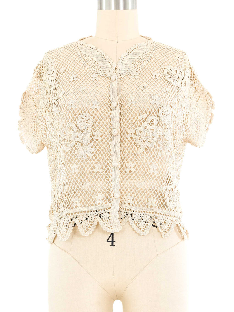 Beige Button Front Crochet Top Top arcadeshops.com