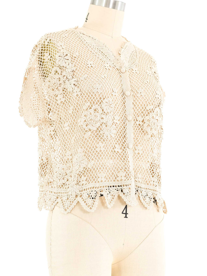 Beige Button Front Crochet Top Top arcadeshops.com