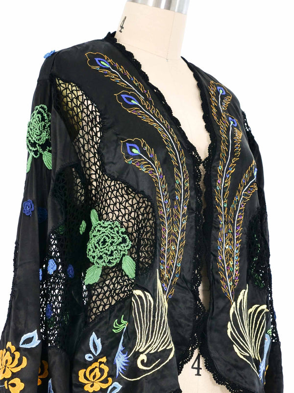 Peacock Embroidered Silk Crochet Cardigan