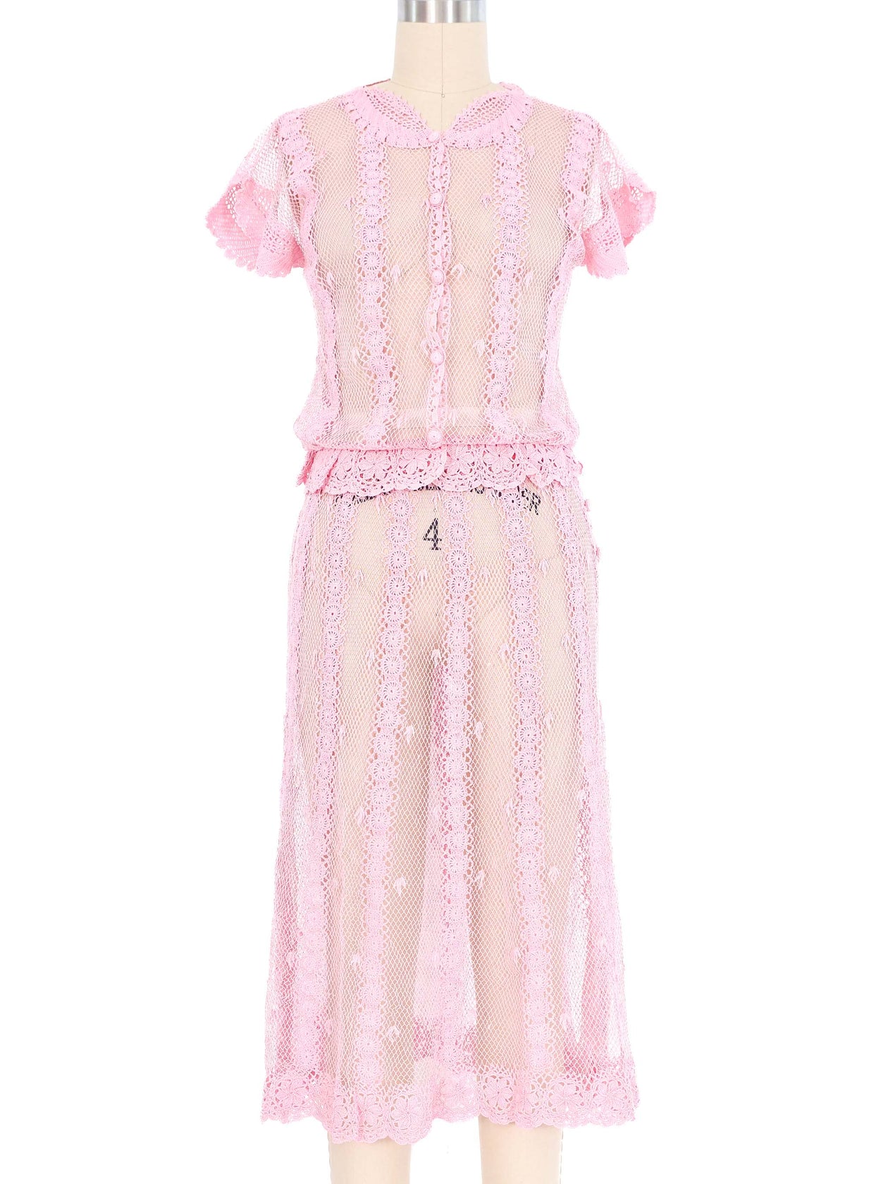 Pink Crochet Button Front Midi Dress
