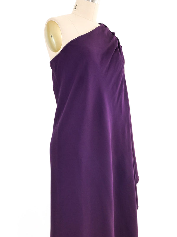 1970s Halston Eggplant One Shoulder Wrap Dress