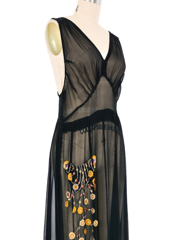 1920s Embroidered Sheer Chiffon Slip Dress