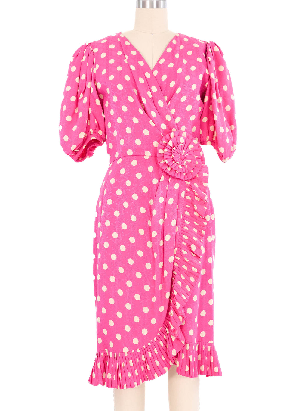 Albert Nipon Pink Polka Dot Ruffle Trim Dress