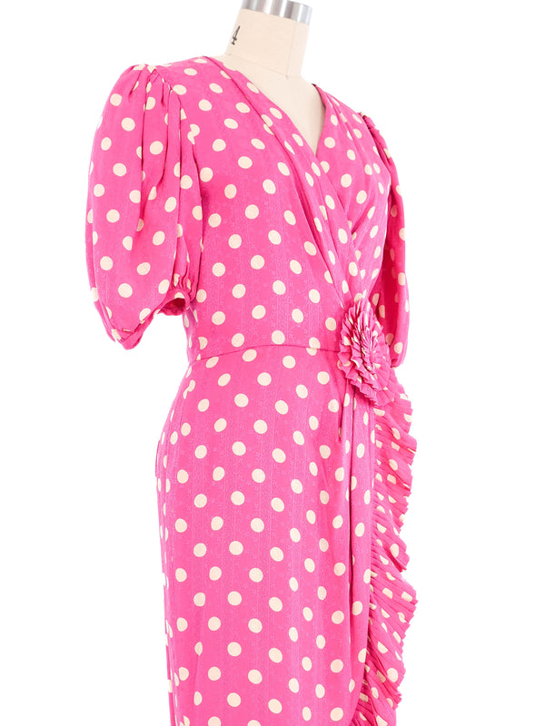Albert Nipon Pink Polka Dot Ruffle Trim Dress Dress arcadeshops.com