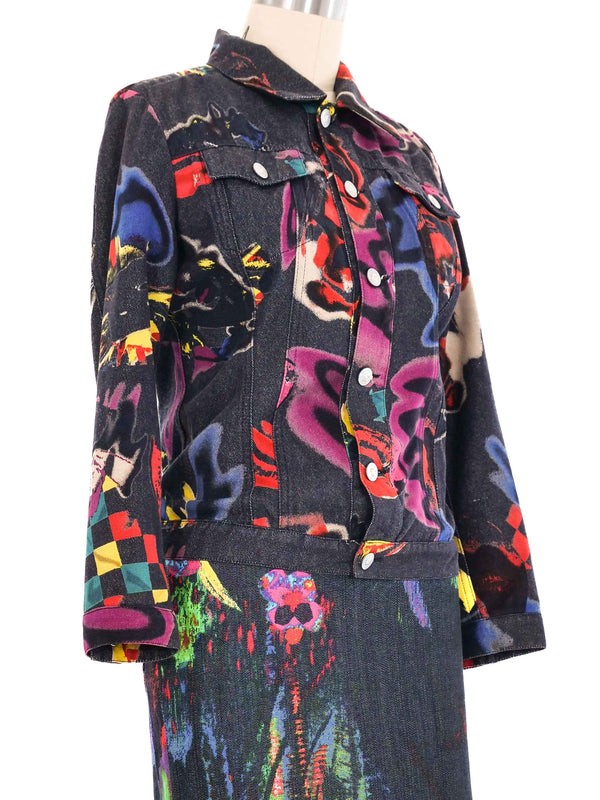 1990s Versace Spray Paint Denim Skirt Ensemble Suit arcadeshops.com
