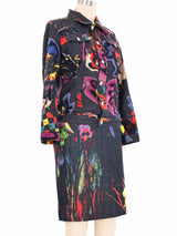 1990s Versace Spray Paint Denim Skirt Ensemble Suit arcadeshops.com