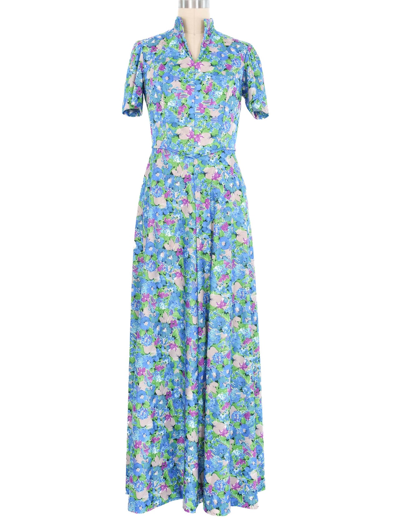 1970s Blue Floral Jersey Maxi Dress